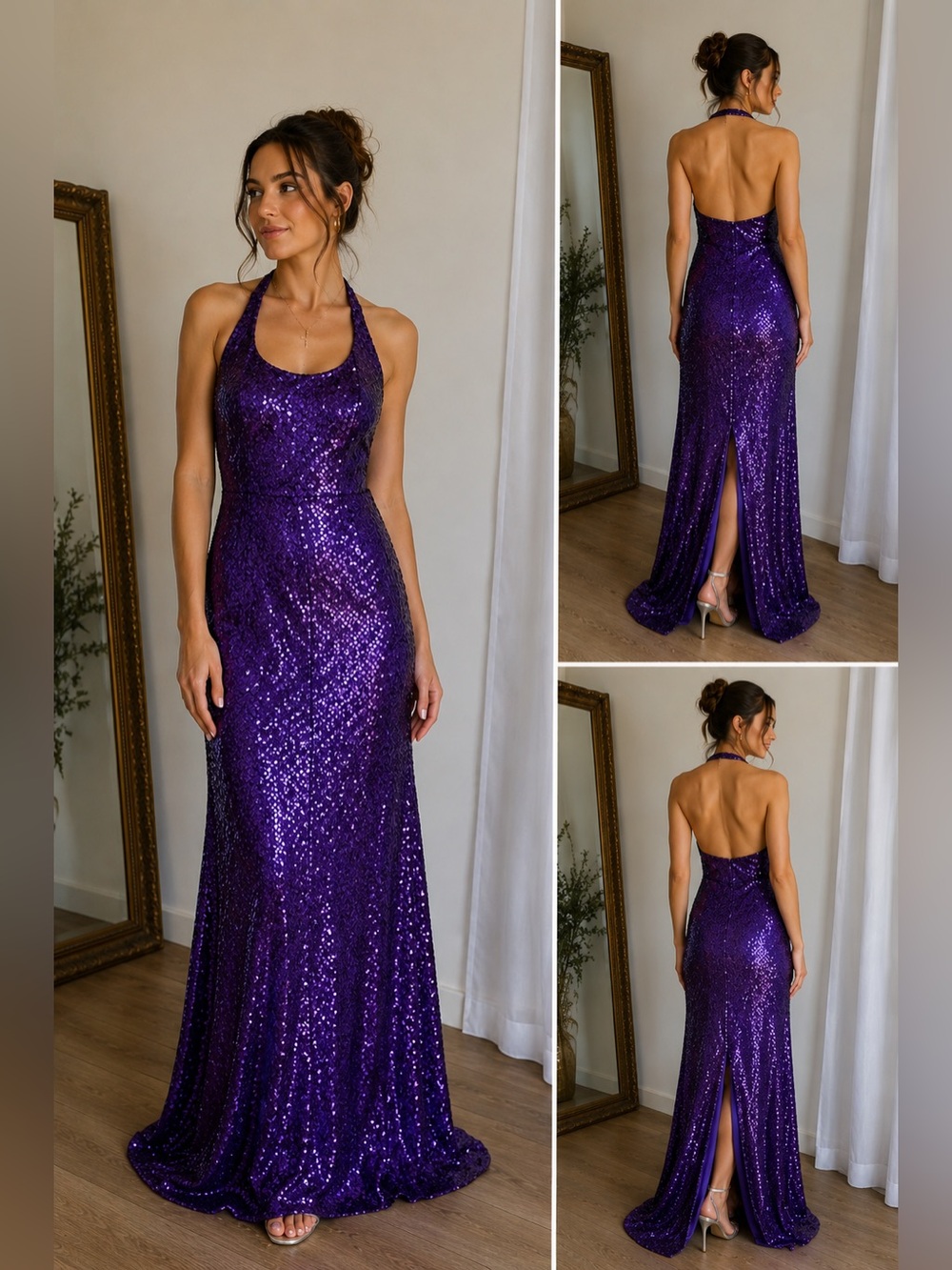 ✨💜 Jessica McClintock Gunne Sax‎ Purple Sequin Halter Gown Dress 3/4 ✨💜